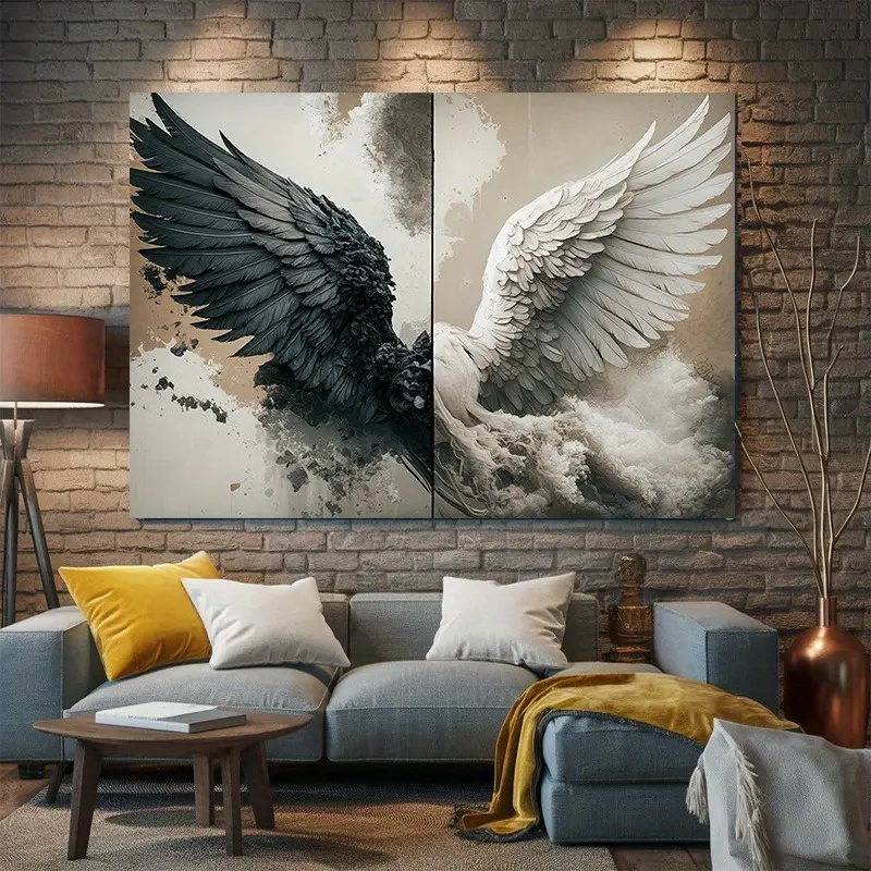 2D Flat Angel Wings Banner | Black White Cloud Backdrop | Single-Sided Polyester | Metal Grommets for Easy Hanging | Photo, Party & Home Decor