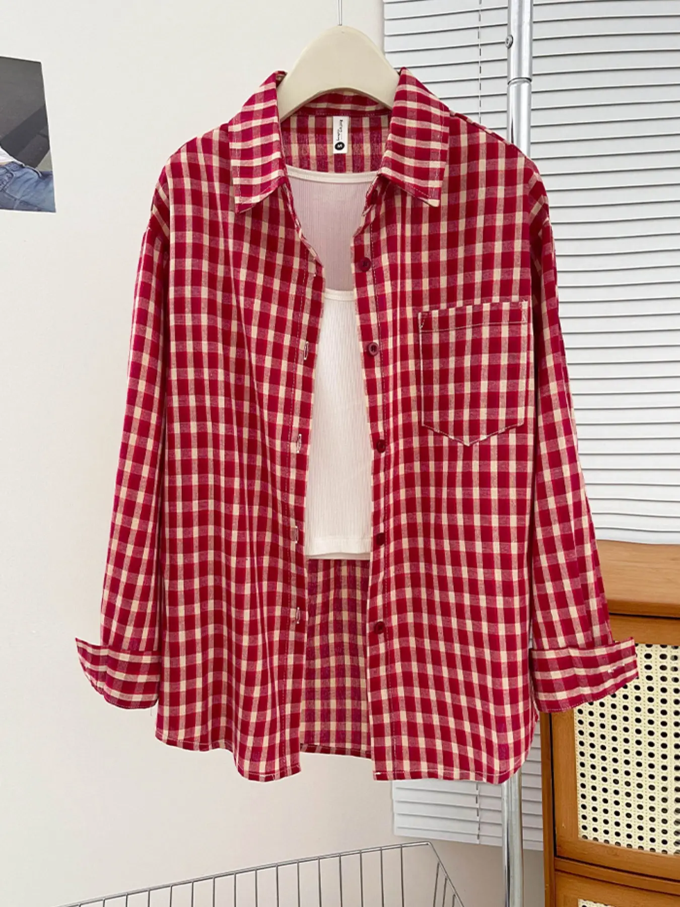Women's Vintage Gingham Plaid Collared Shirt, Korean Style Loose Baggy Long Sleeve Blouse, Casual Loungewear, 3 Colors Available