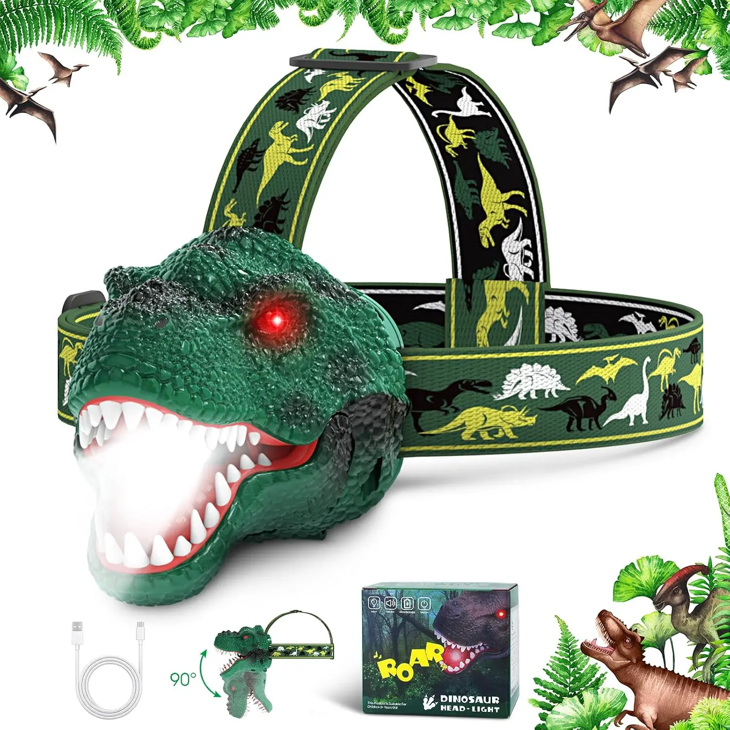 Kids Headlamp,Rechargeable T-Rex Dinosaur Headlamp  Kids and LED Head Lamp Camping Gear Flashlight,Hiking Accessories Headlight Toys,Four Light Modes   Reading/Party Gift