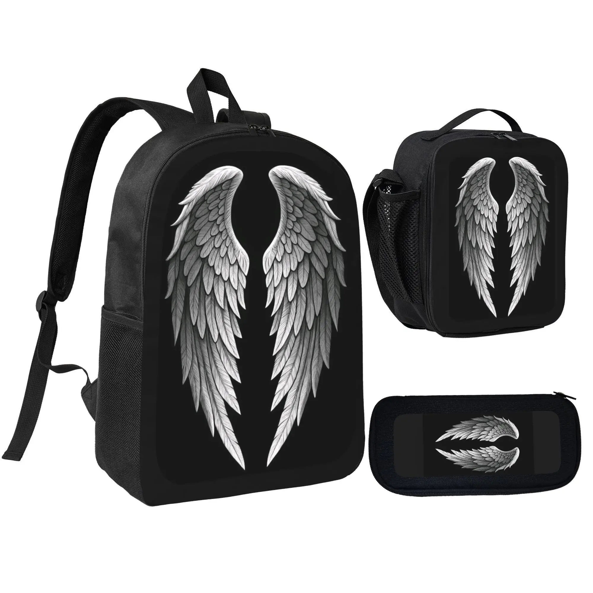 3pcs Unisex Large Capacity Gothic Angel Wing Backpack, Cool Anime school bag for girls boys, Adjustable Shoulder Straps, Casual, Daily  Backpack, Lunch Bag, and Pencil Case, Perfect Gift