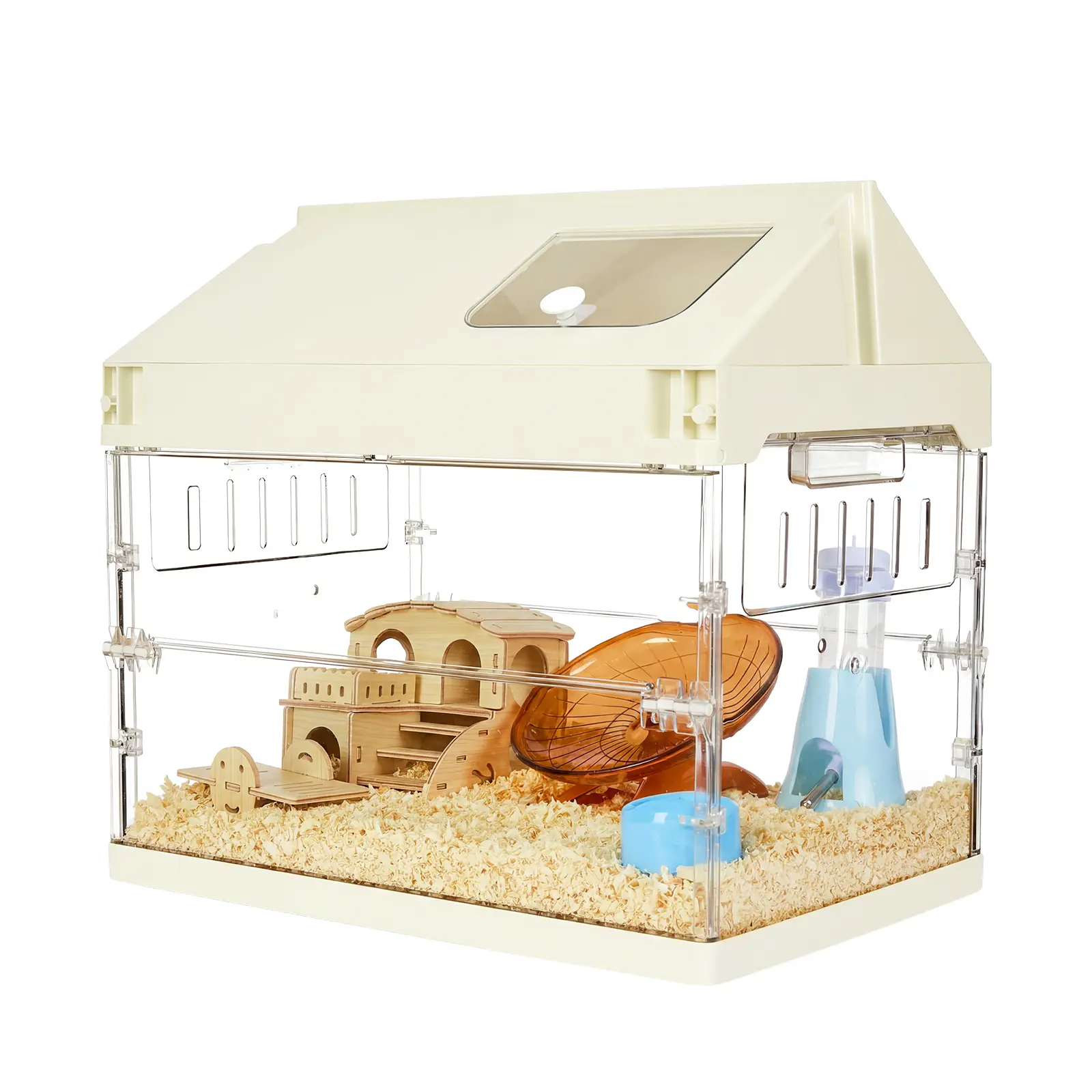 7-in-1 Acrylic Small Animal Cage Kit Complete Setup - Multi-Accessories for Hamsters, Guinea Pigs - Includes Platform, Exercise Wheel, Water Bottle, Hideout, Food Bowl