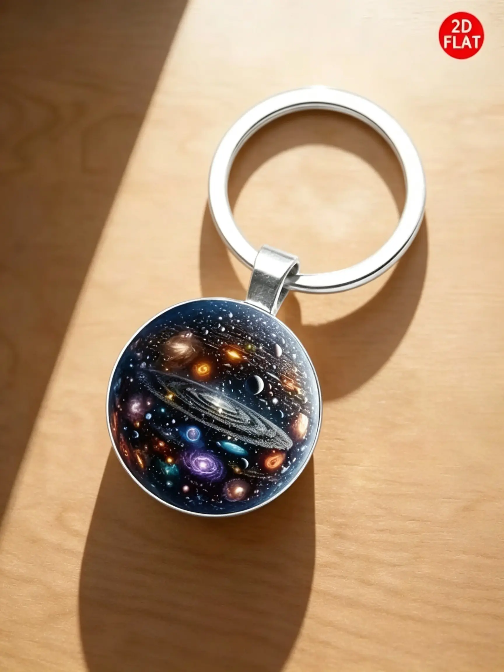 Solar System Galaxy Space Keychain, 2D Flat Cosmic Planet Nebula Universe, Round Glass Key Ring, Gift for Space Astronomy Lovers, Keyring