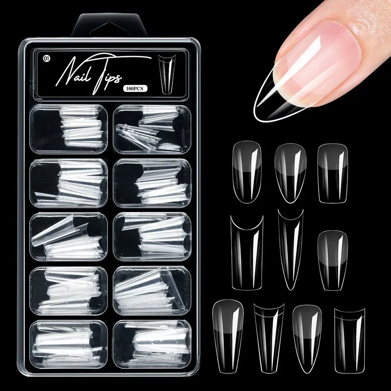 Matte nail tips, no filing required, 100-piece box, dual-use for full and half nail extensions, nail application set