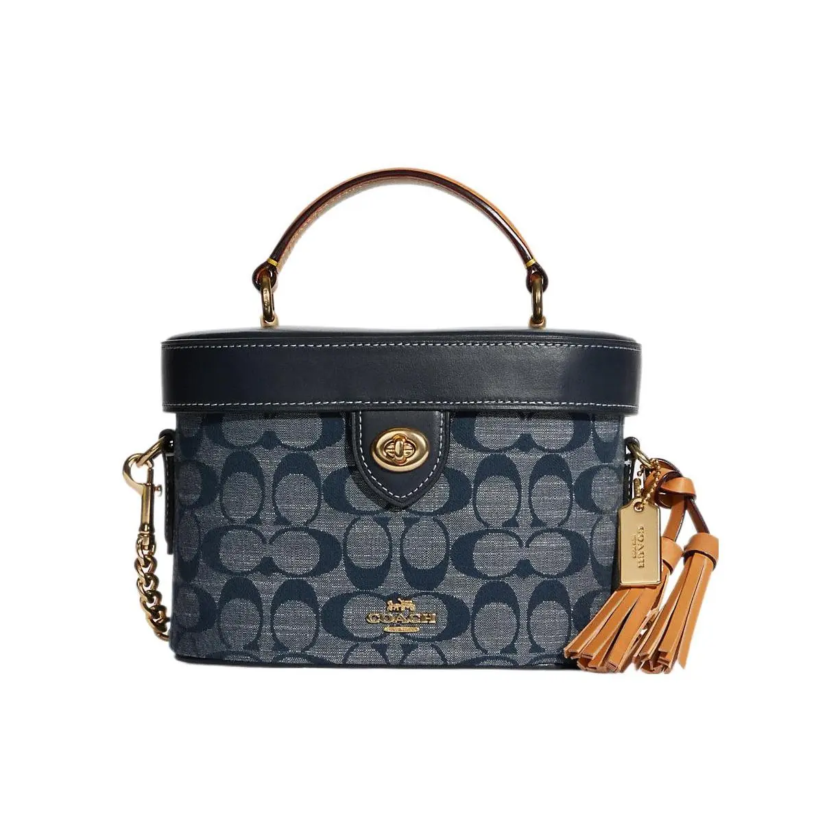 COACH Kay 20 Classic Monogram Chambray Tassel Flap Box Bag for Women – Denim Blue Fabric and Leather