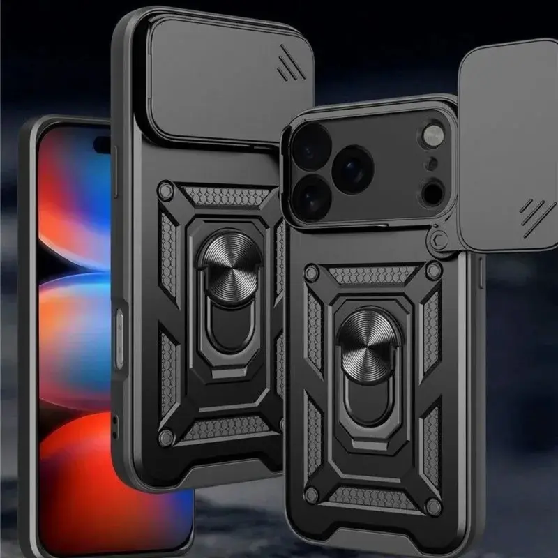 Military Grade TPU Plastic Rotating Ring Stand Slide Camera Lens Case, Multi-Model Fit for iOS iPhone Series 17 Air/17/16/15/14/13/12/11 Pro Max Plus Cover