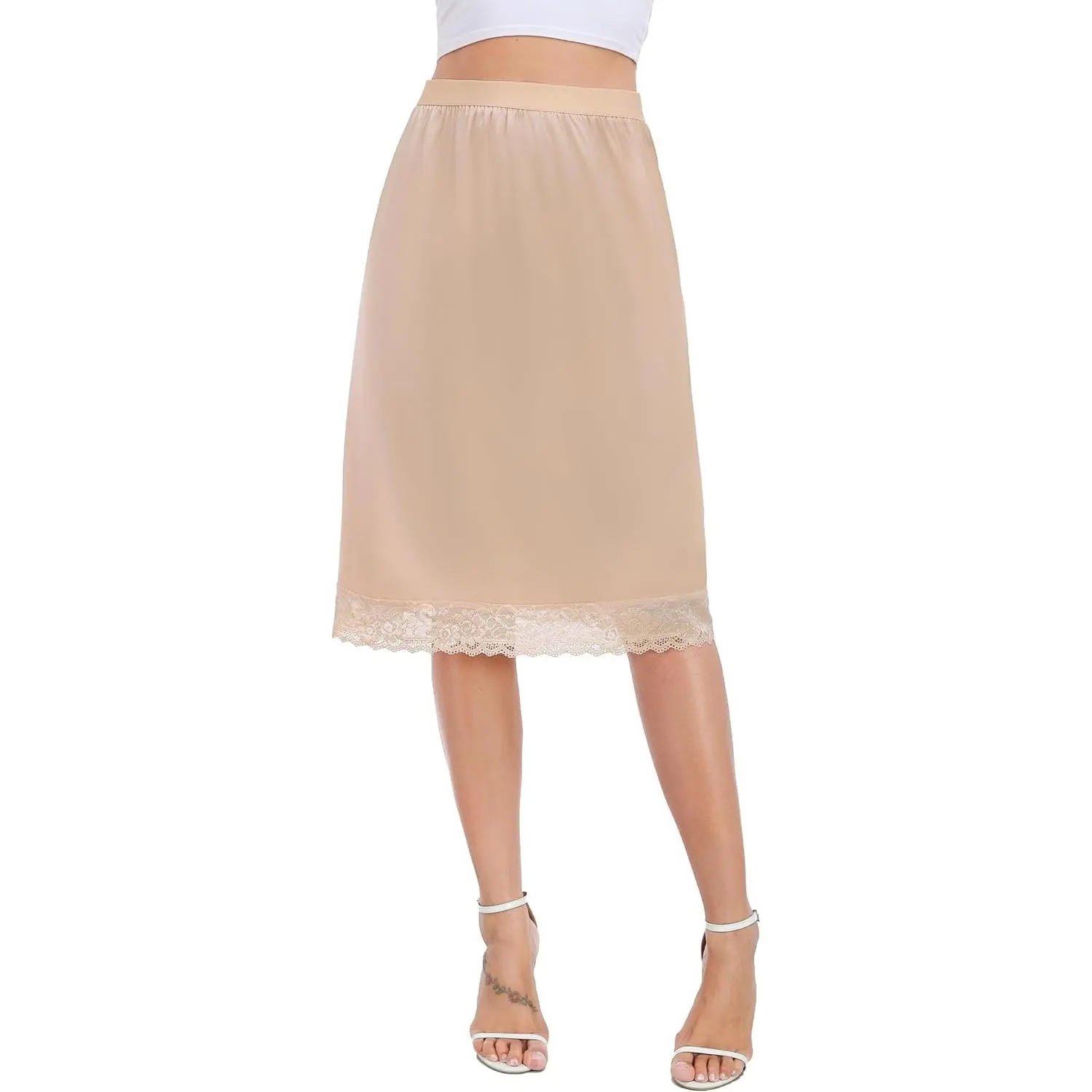 Women Satin Half Slips Lace Long Underskirt Anti Static Under Skirt Soft Slip Dress for Skirts Dresses S-3XLGift