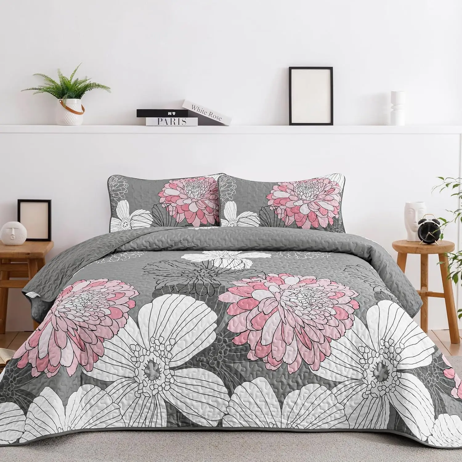 3Pieces Floral Printed Queen Size, Pink Boho Lightweight Queen Size Bedspread Set with 2 Pillowcases for Bedroom All Season
