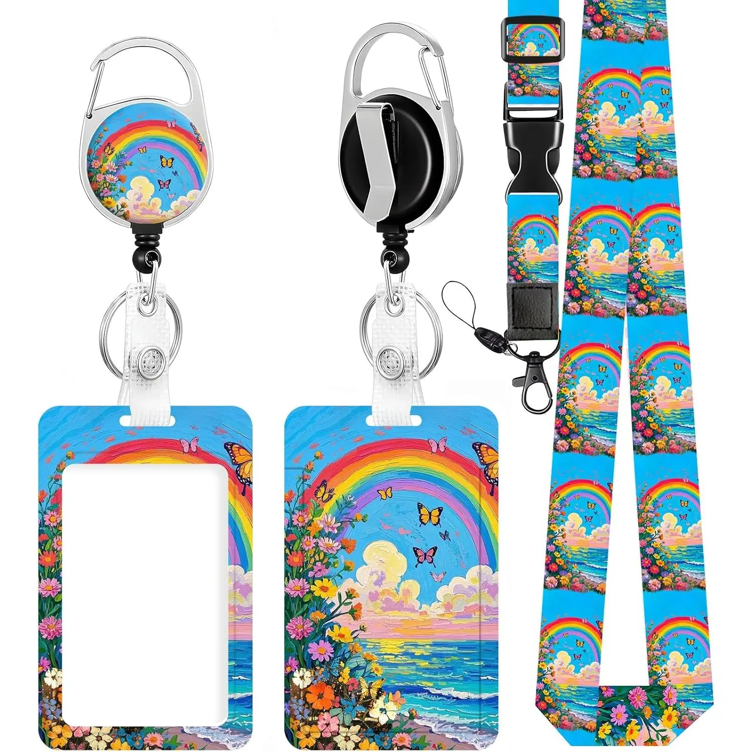 ID Badge Holder with Breakaway Lanyard, Retractable ID Badge Card Holders Adjustable Lanyard Strap with Badge Reel and Vertical ID Holder for Nurse Students Teachers Office Staff(Sky Butterfly)