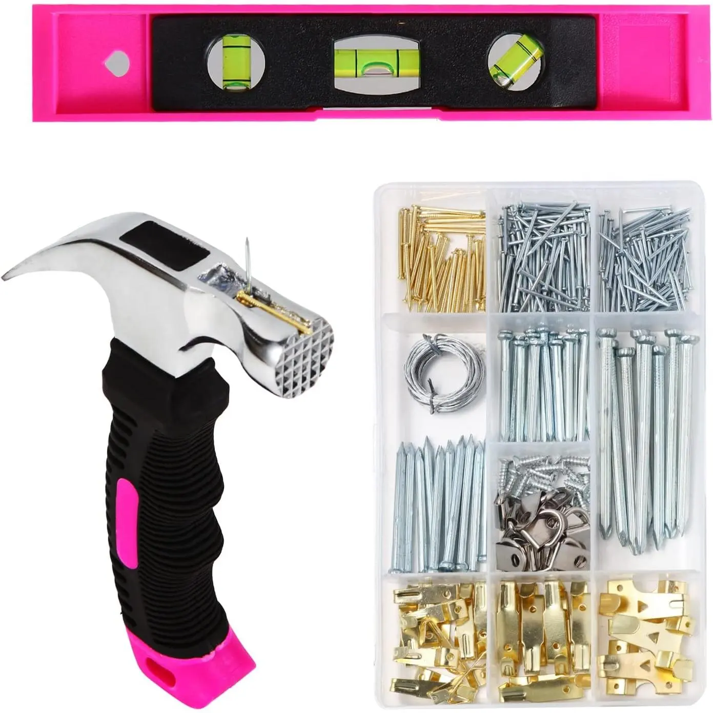 Picture Hanging Tool Set, 315-piece hanging accessories, including hooks, wires, nails, D-rings, wall hanging kit with hooks, magnetic level, and small pink claw hammer, used for hanging paintings, suitable for home decoration