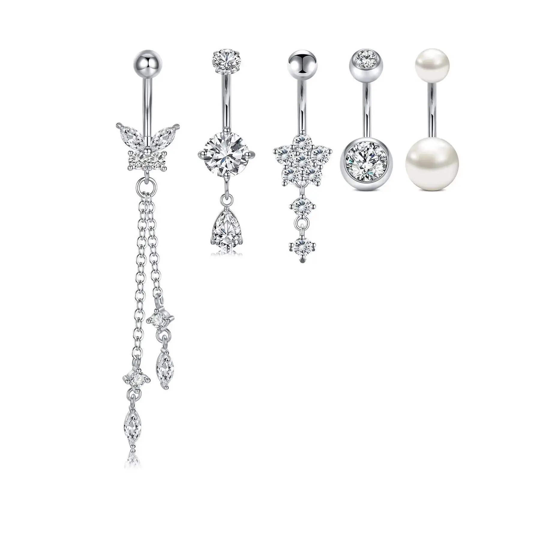 Stainless Steel Floating Belly Button Ring Set, Belly Button Piercing Butterfly Flower Water Drop Pendant Navel Jewelry, 14g Women's Body Accessories Body Jewellery