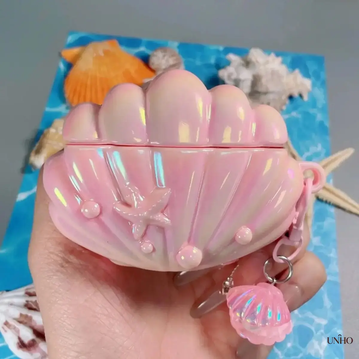Pink Electroplated Seashell Earbud Protective Case – Cute Hard Cover With Matching Sea Shell Pendant, Fashion Accessory For Girls Compatible With Generations 1/2/3/4, Pro And Pro 2 For Daily Commute And Travel Carry