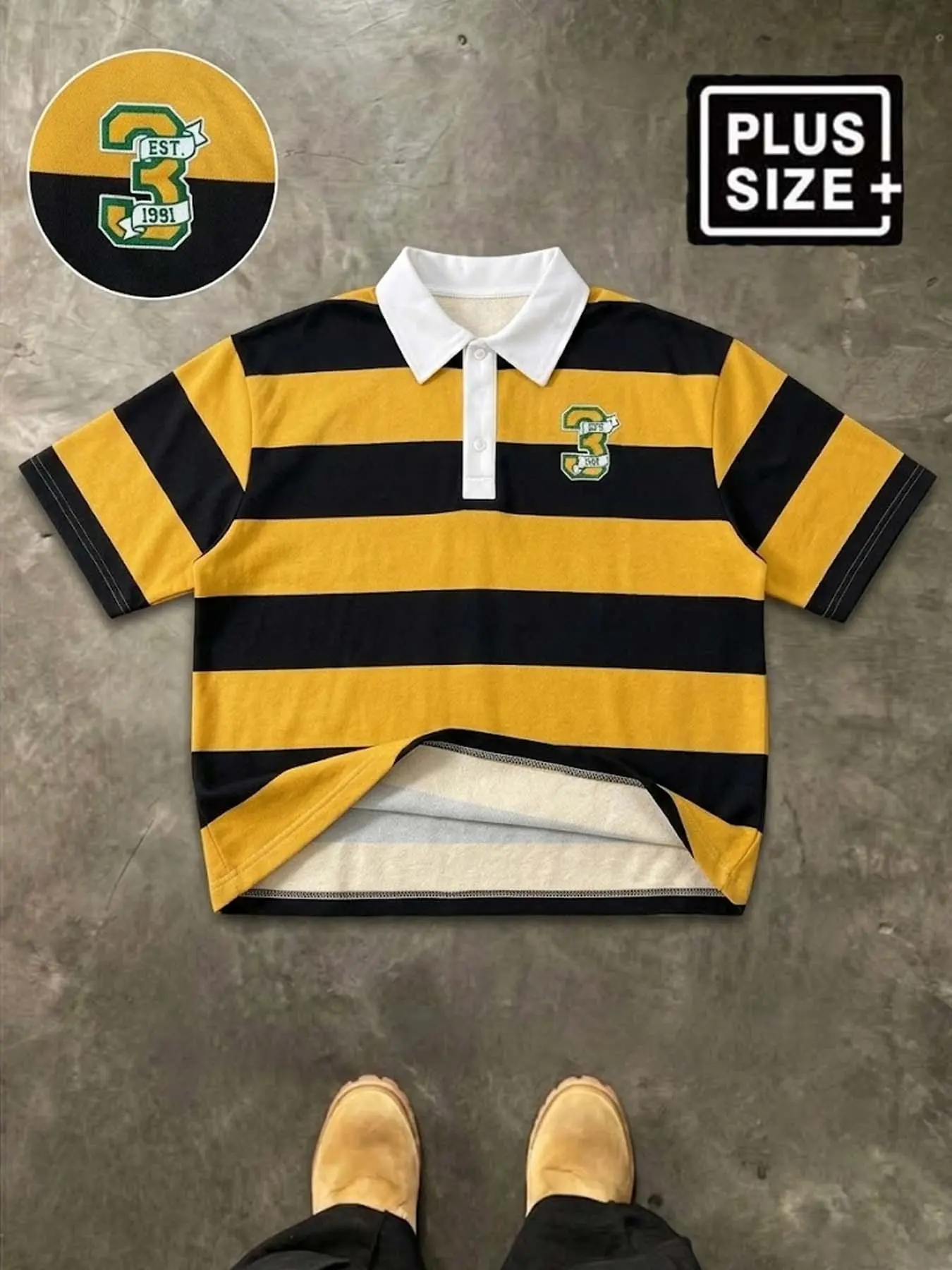 Men's Plus Size Yellow & Black Wide Stripe White Collar Button Up Classic Polo Shirt, Number 3 Embroidered Short Sleeve Button Placket Loose Fit Casual Top, American Vintage Preppy Campus Style Daily Wear Fashion Menswear