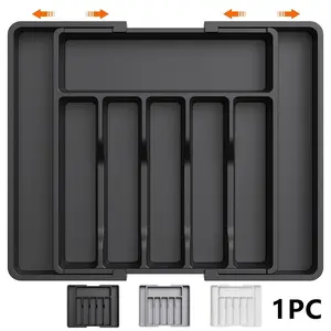 Expandable Drawer Organizer, Adjustable Plastic Compartment Utensil Tray for Kitchen Storage, Flatware and Cutlery Holder for Spoons Forks Knives, Boxes