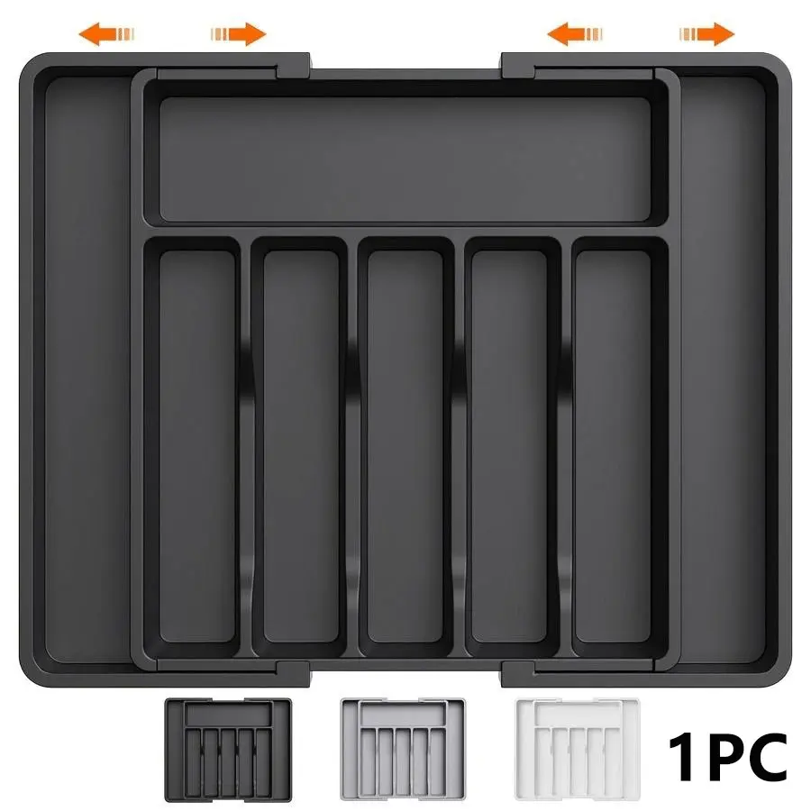 Expandable Drawer Organizer, Adjustable Divided Plastic Compartment Utensil Tray for Kitchen Storage, Flatware and Cutlery Holder for Spoons Forks Knives, Boxes