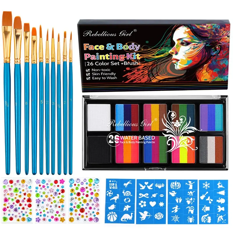 Rebellious Girl Water-Soluble Face Paint Set, 26 Colors Rainbow Blocks, Washable Safe Skin-Friendly, Includes Brush Template Rhinestones, Halloween Party Kids Stage Makeup