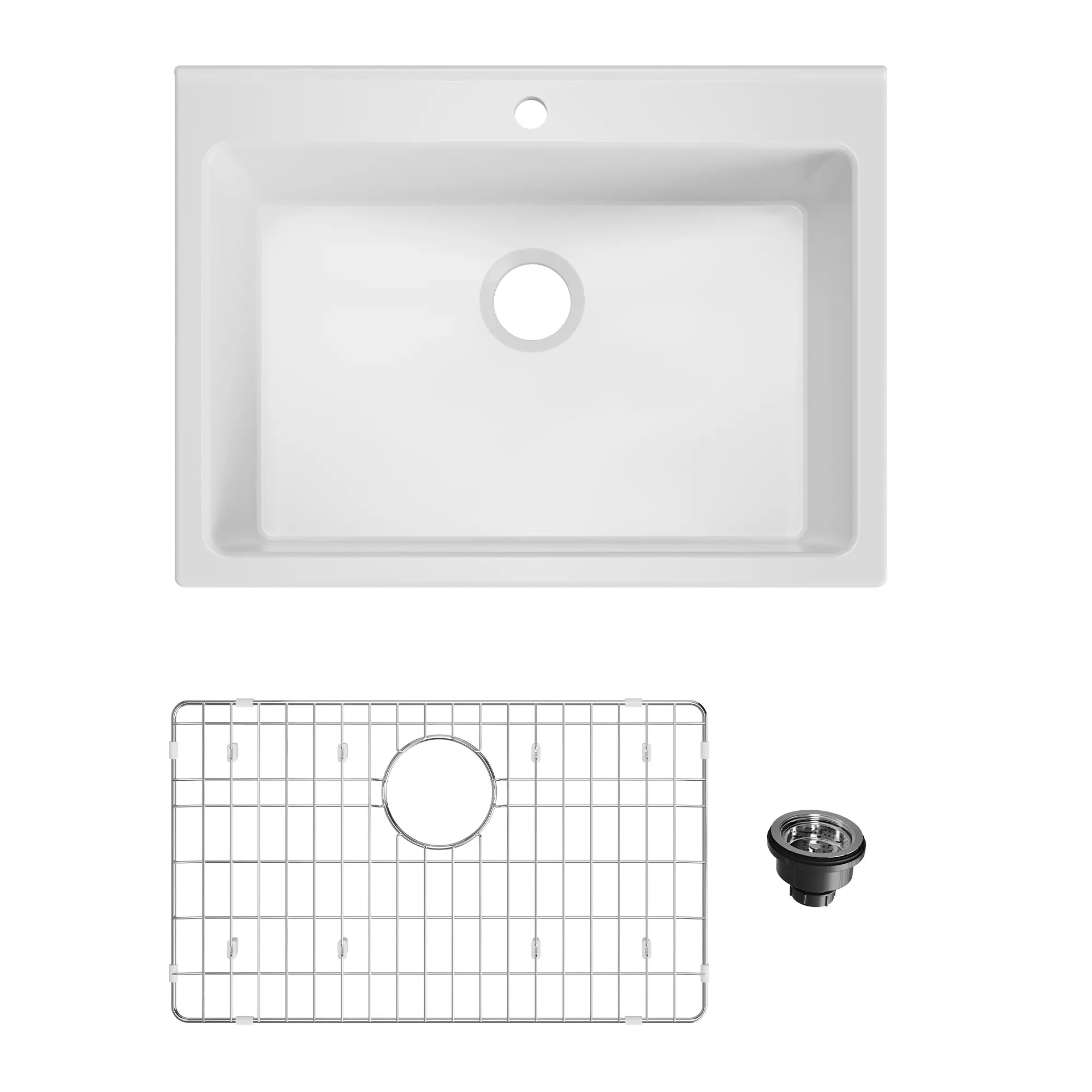 30-Inch White Scratch-Resistant Fireclay Farmhouse Kitchen Sink, Apron-Front Single Bowl with Sloped Bottom Drain, Non-Porous Ceramic, Reduces Splashing, Includes Bottom Grid and Strainer for Modern Kitchens