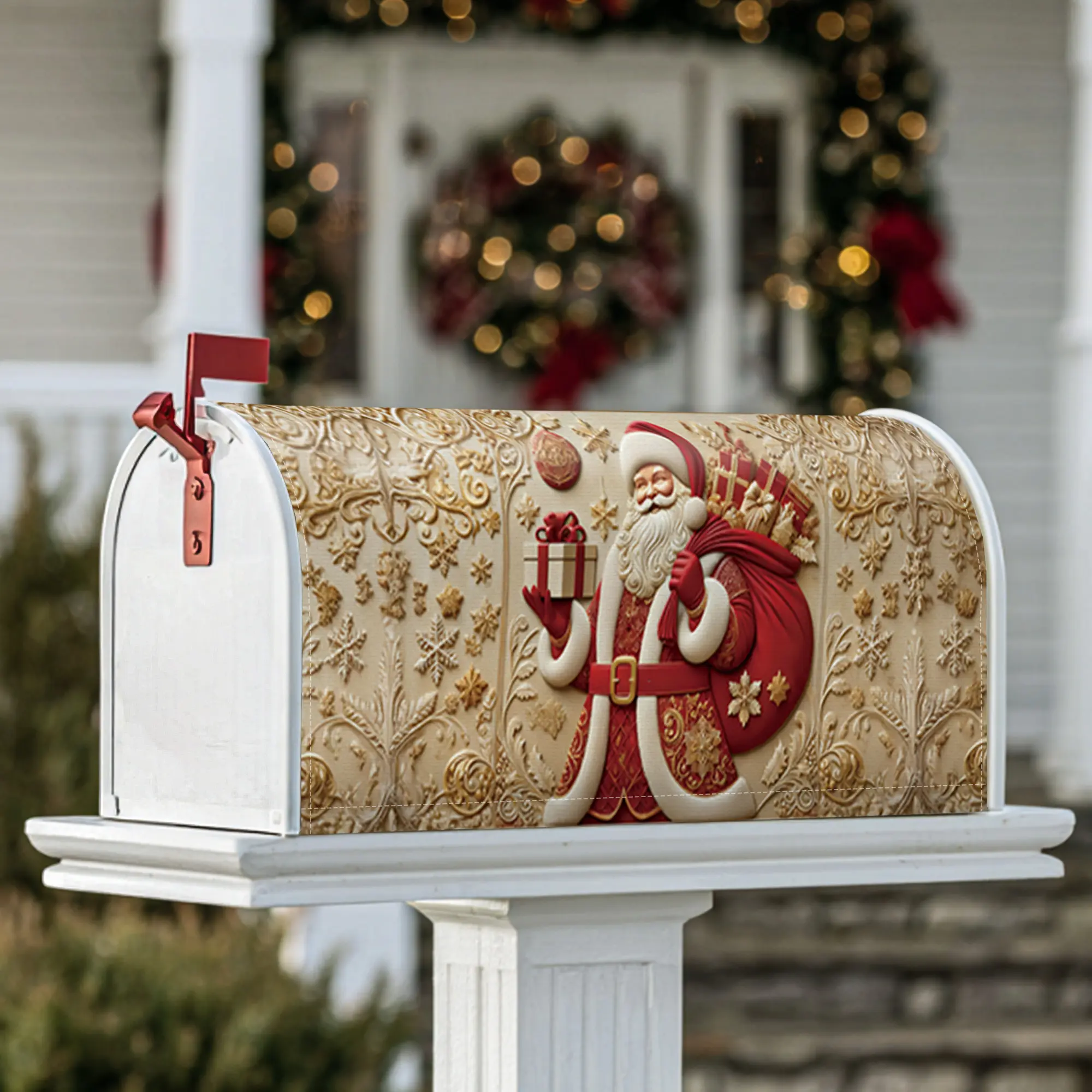 Santa Claus Magnetic Mailbox Covers, Christmas festive gift snowflakes Christmas red Mailbox Post Protector for Garden Yard Decor