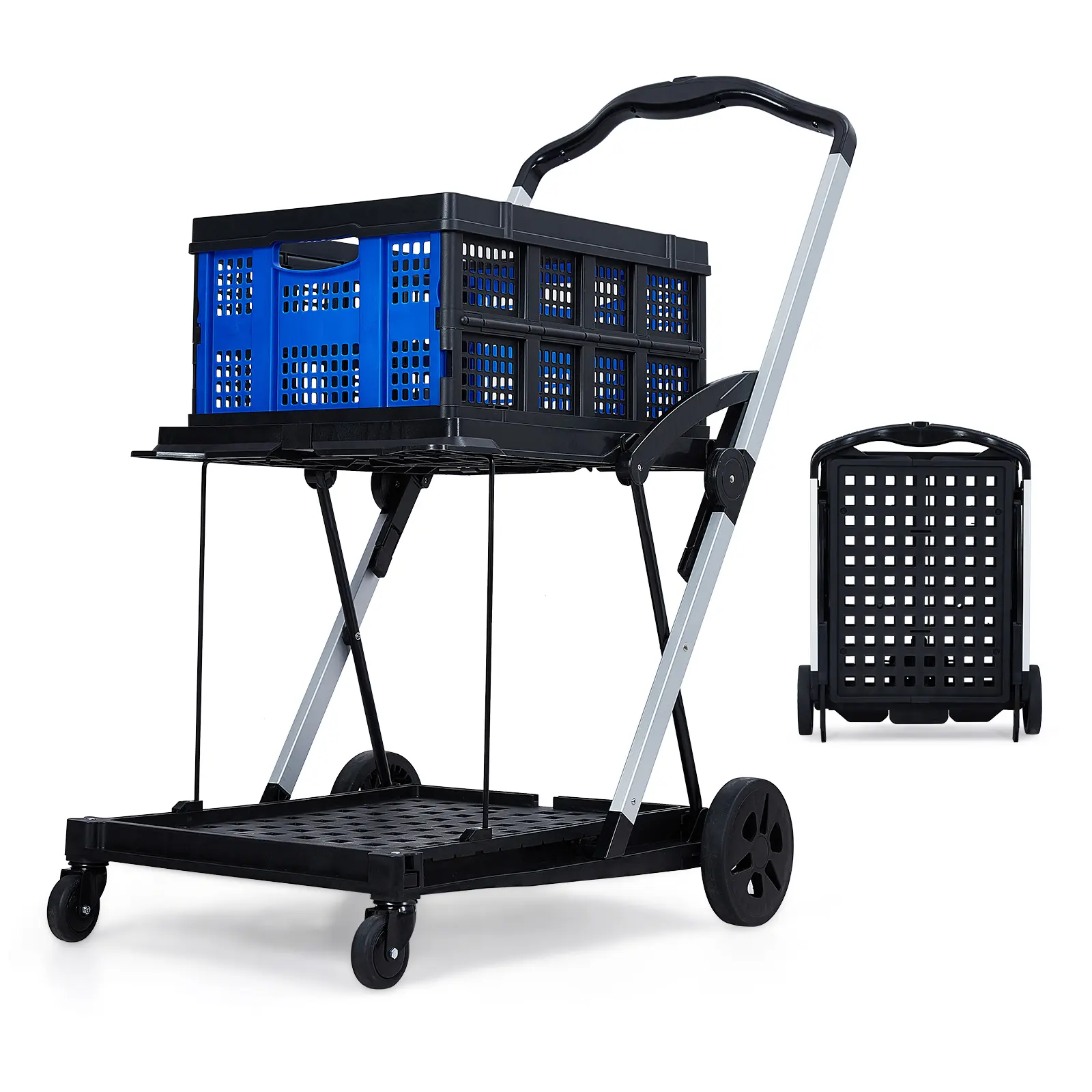 Collapsible Garden Utility Cart with Removable Basket, Heavy Duty Aluminum Folding Wagon, 198lbs Capacity, 2-Tier Shopping Cart for Groceries Camping Yard Work, All-Terrain Wheels, Lightweight & Rust-Proof, Blue