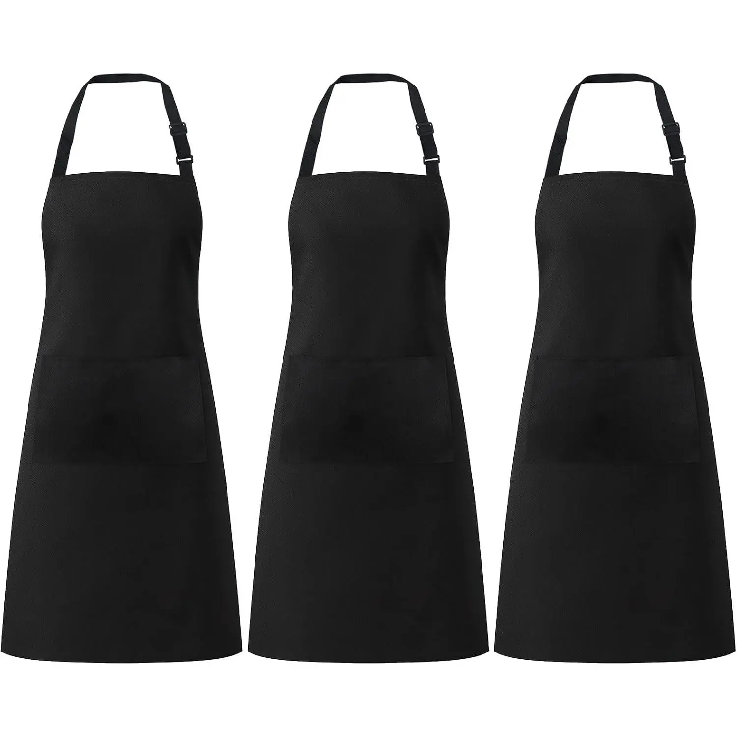Unisex 3-Pack Polyester Waterproof Black Bib Aprons with Pockets, Adjustable Tie Closure for Kitchen Chef Baking Work