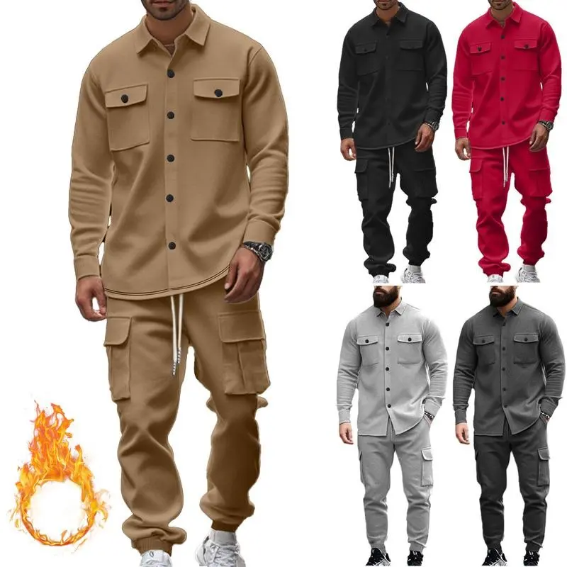 Men's Plus Velvet Workwear Hoodie Set Outdoor Collar Jacket Loose Warm Two-Piece Outfit