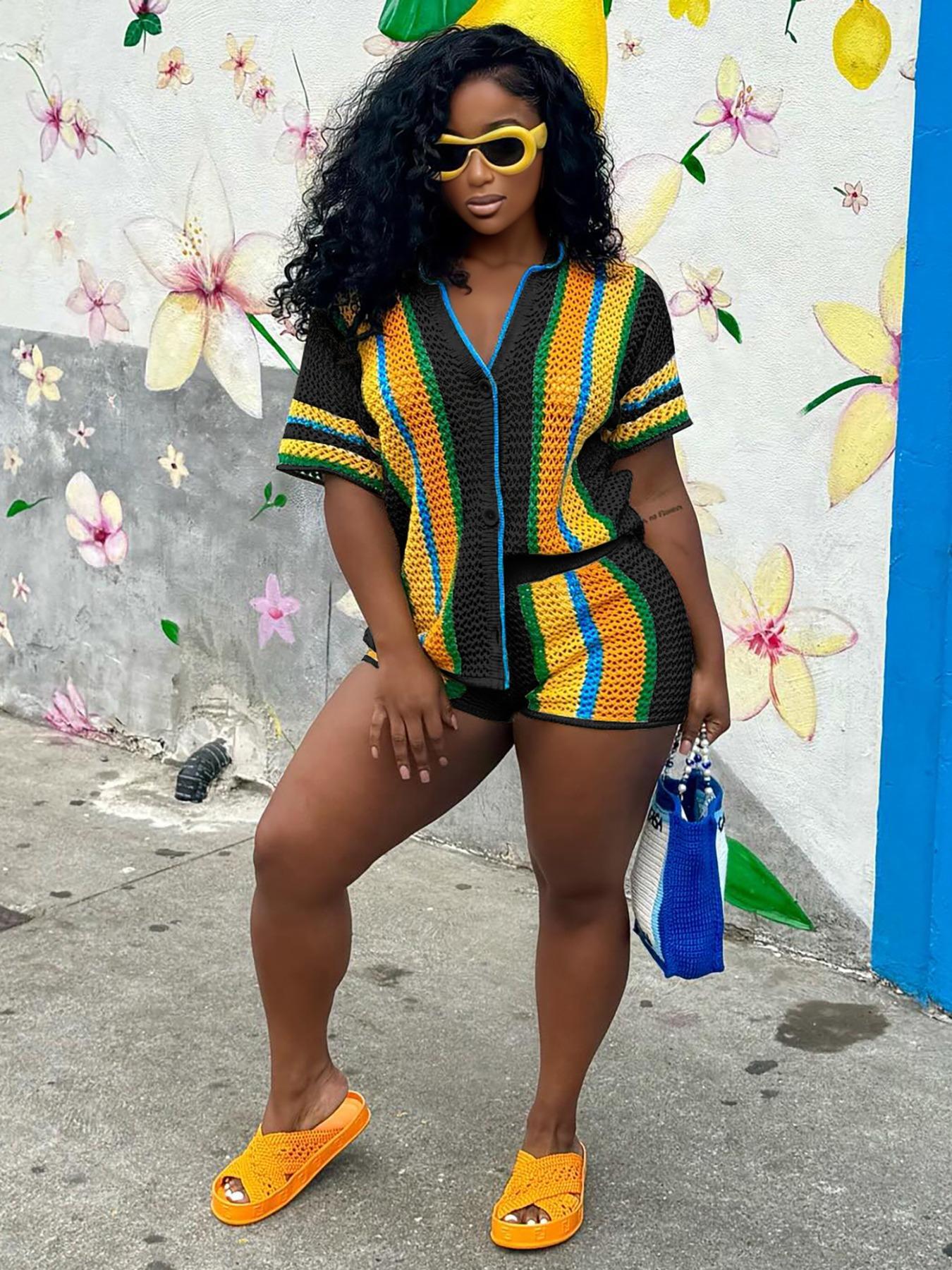 Women's Colorblock Button Front Top & Shorts Sweater Set, Casual Short Sleeve Top & Shorts, Summer Clothes Set for Beach Vacation, Womenswear