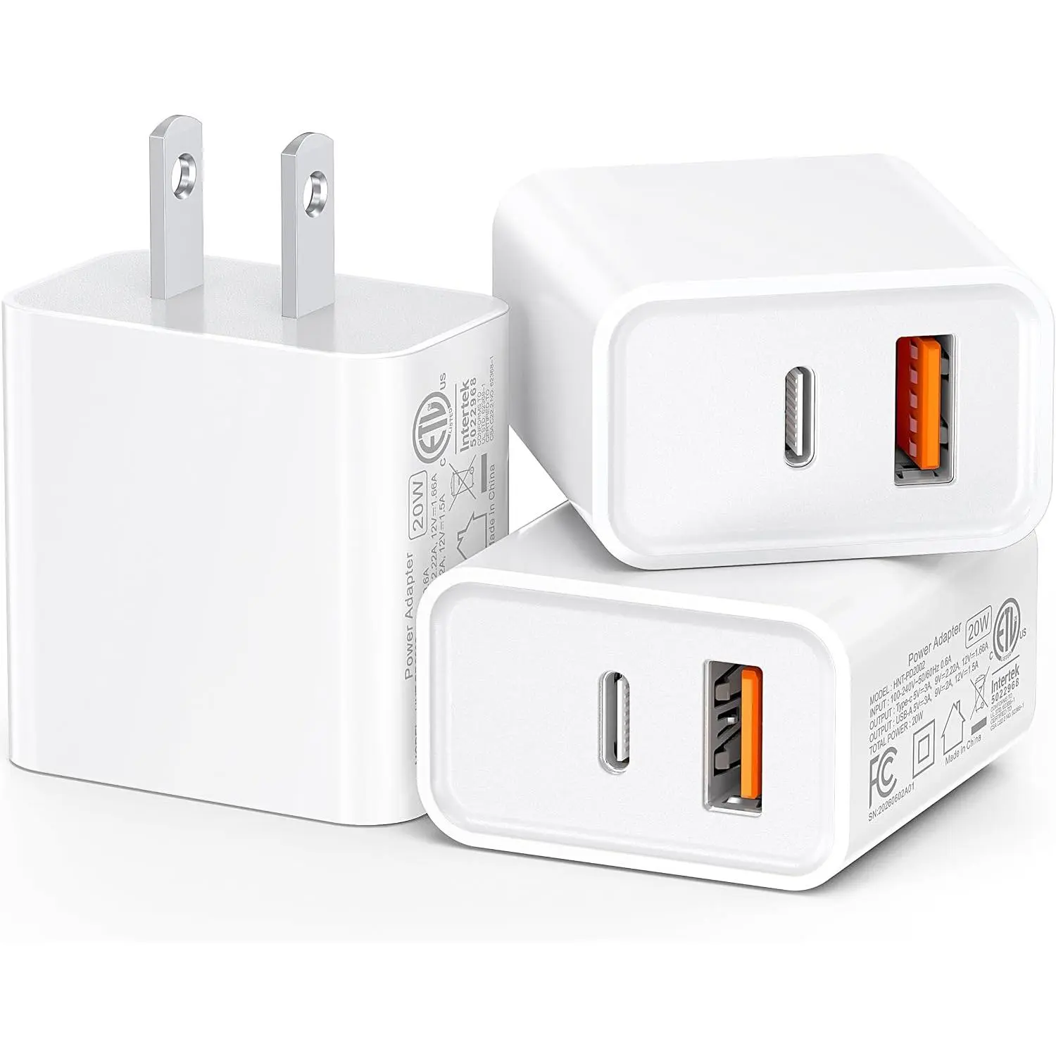 3-Pack USB C Wall Charger, 20W Durable  Port QC+PD 3.0 Power Adapter, ETL Certified Type C   Block for  14/15/16/17 Pro/Pro Max/Plus/iPad Pro,  and , White
