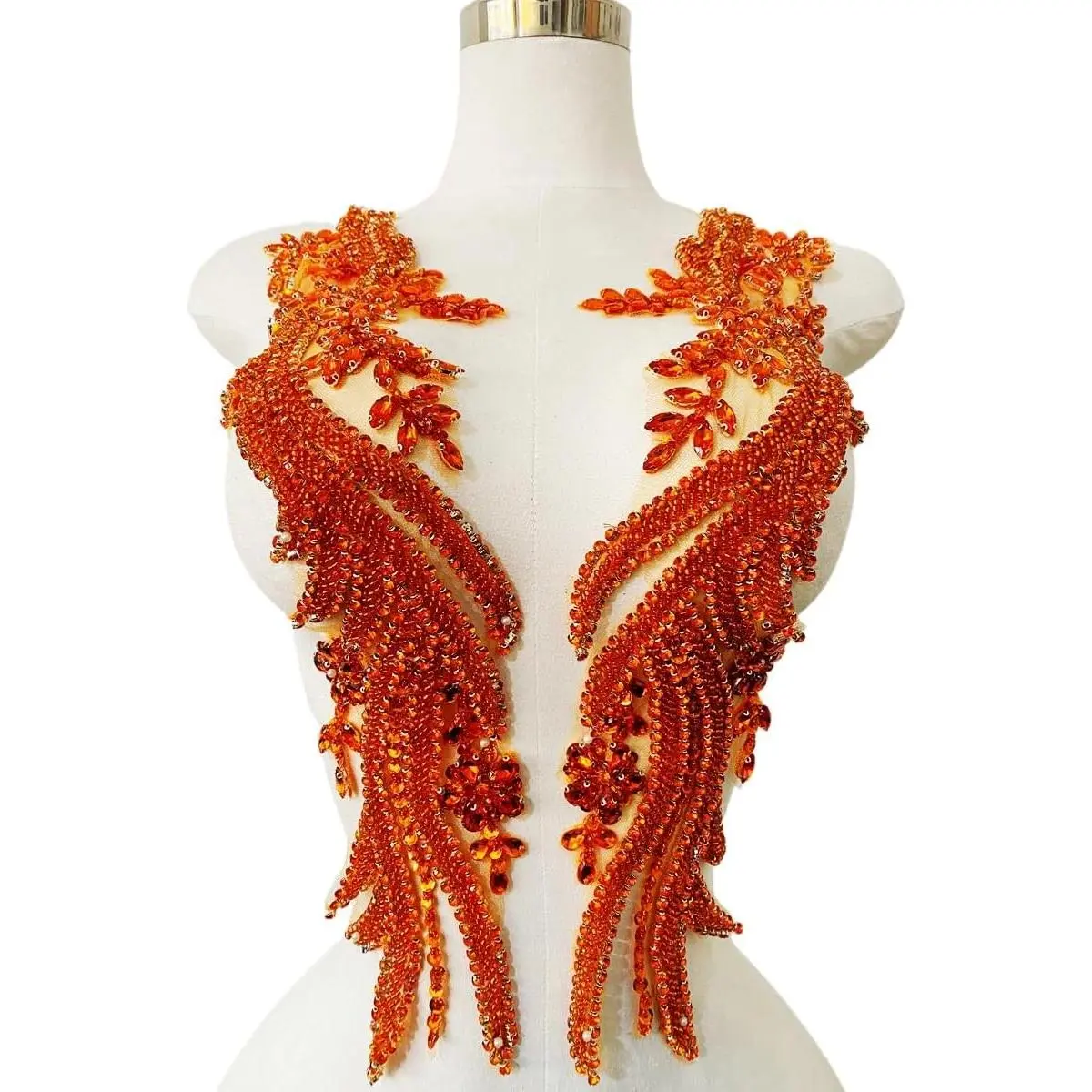 Handmade Rhinestones lace Appliques sew on Beads Trim Patches for Dress Clothing Accessories 1Pair/Bag 5.5X20.4inches (Orange)