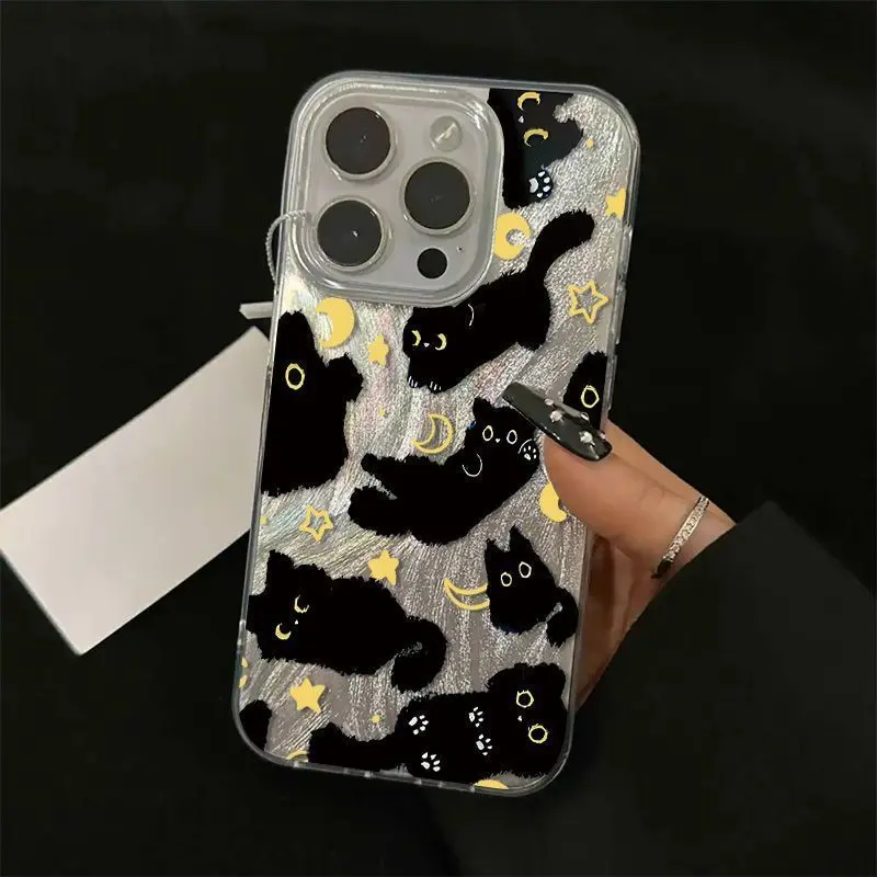 Clear Glitter Soft TPU Phone Case for iPhone 11-17, Air/Pro Max - Cute Cartoon Black Cat, Moon Star Silver Foil Texture, Aesthetic Trendy, Full Lens Protection, Shockproof, Anti-Yellow Transparent Cover fashionable protective fully