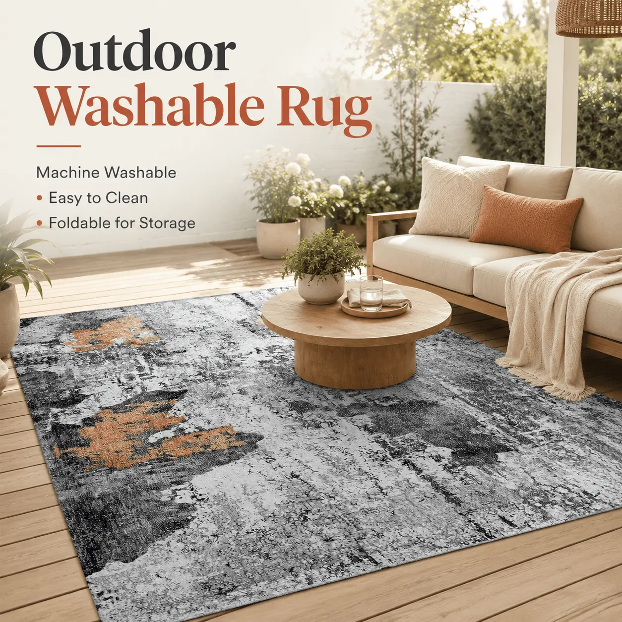 ORHOPUI 1Pc Outdoor Washable Area Rug, 5 x 7 FT / 8 x 10 FT, Gray and Gold Abstract Foldable Carpet, Machine Washable Lightweight Rug for Patio, RV, Camping, Balcony, Deck, Backyard and Living Room