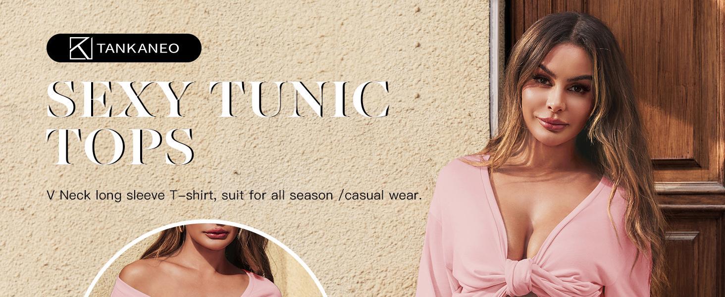 Imily Bela Womens Deep V Neck Tunic Tops Long Sleeve Oversized Casual Loose Fit Curved Hem T Shirts