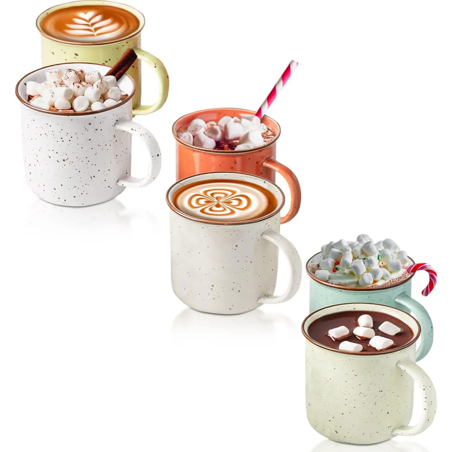 Speckled Campfire Mugs – Set of 6 – 14 oz – Multicolor | Set of 6; ceramic; 3.62"W x 5.12"H; 14 oz; speckled multicolor; thick walls; campfire diner style; dishwasher safe