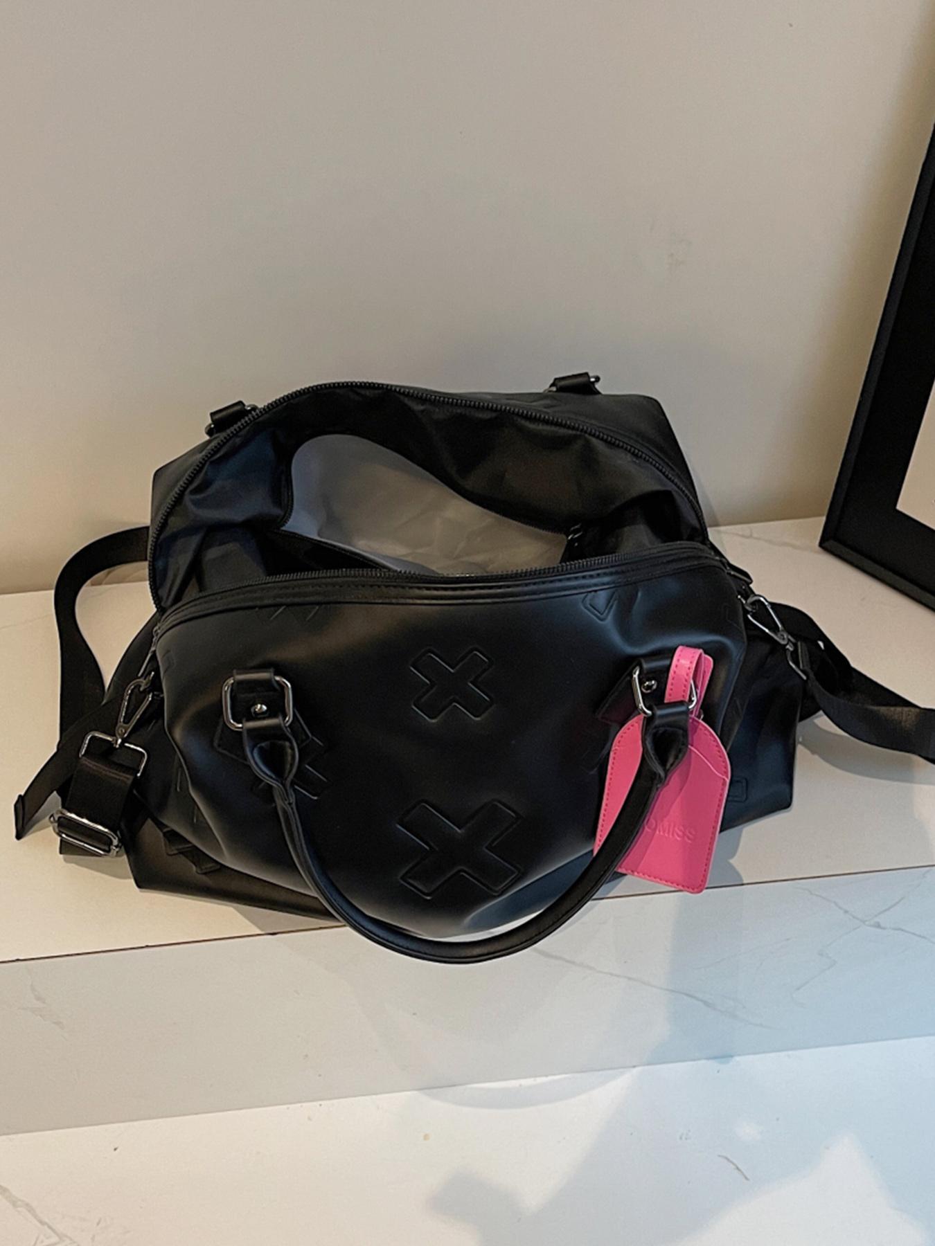 Cross Embossed Handbag, Contrasting Color Design, Portable Single-shoulder Commuting Large-capacity Boston Bag, Single-shoulder Crossbody Multi-purpose Commuter Bag, Suitable for Short-distance Travel, Sports and Fitness, Elegant Embossed Bag