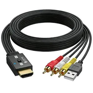 eSynic 1080P RCA to HDMI Converter-Not Bi-Directional-Compact Cable Design- 4:3/16:9 Switch-Plug & Play-5FT Long AV to HDMI Adapter-Lossless Transmission-for Wii/PS2/N64/X-box/DVD/VCR Support PAL/NTSC