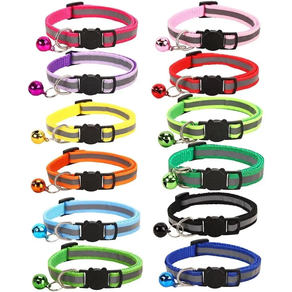 12-Pack Safety Release Reflective Cat Collars with Bell - Breakaway Buckle, Night Visibility, Anti-Hunting Bell - Adjustable Kitten & Adult Cat Collars (12 Multicolor)