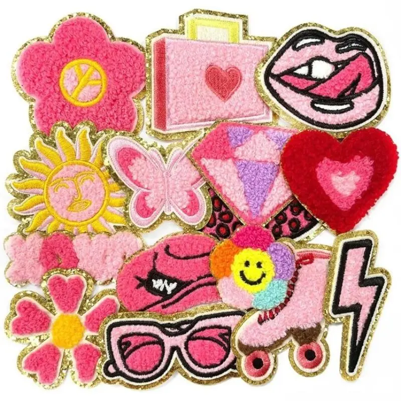 Pink World Series Cross Stitch Patches,15pcs Hot Glue Stickers, DlY Embroidery Supplies For Clothes,Back pack,Shoes,Home Decorations