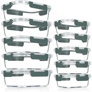 10 Pack Glass Meal Prep Containers, Airtight Glass Lunch Containers, Stackable Glass Food Storage Containers Set with Lids,Exclusive of BPA,for Microwave, Oven, Freezer & Dishwasher,Grey