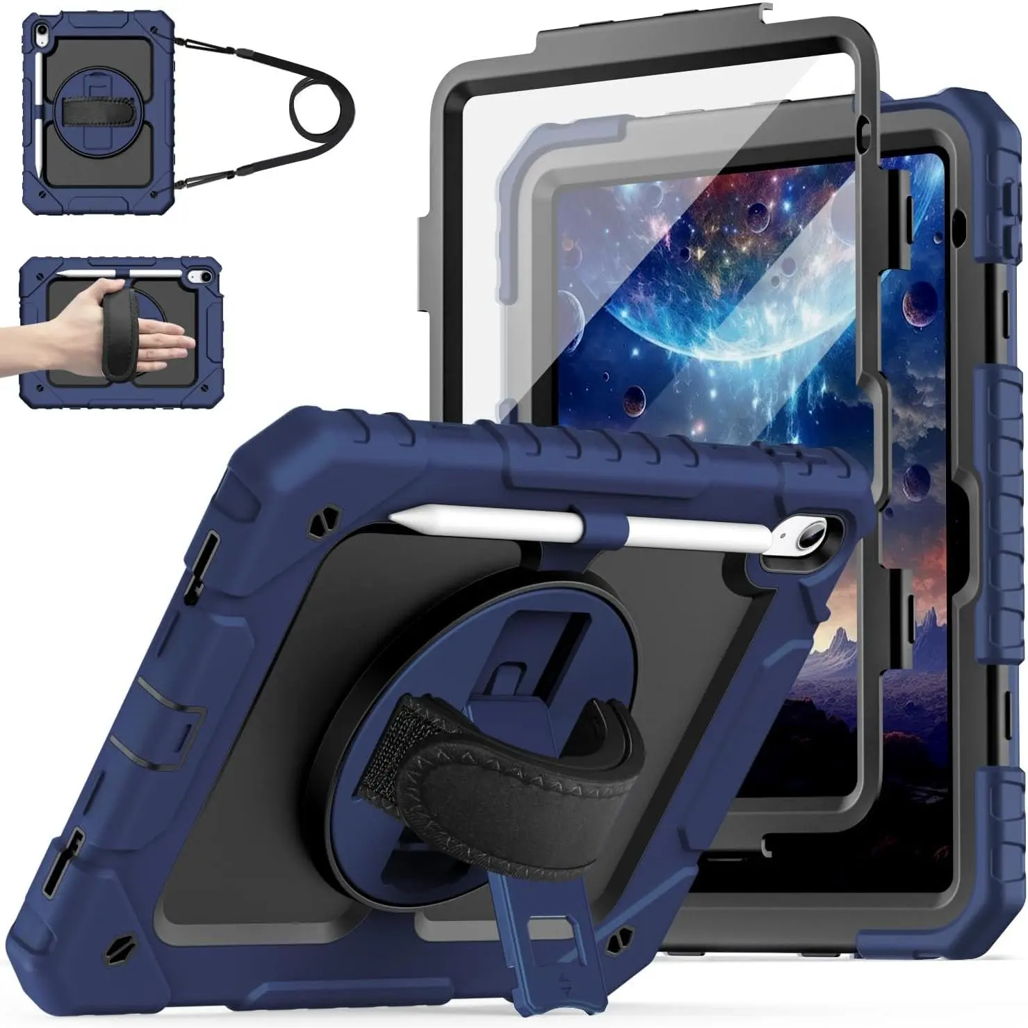 Case for iPad 11-inch (A16) 2025/ iPad 10th Generation 2022 (10.9 inch) with Screen Protector, 11th Case with 360  Rotating Stand/ Strap/Pencil Holder, Navy Blue