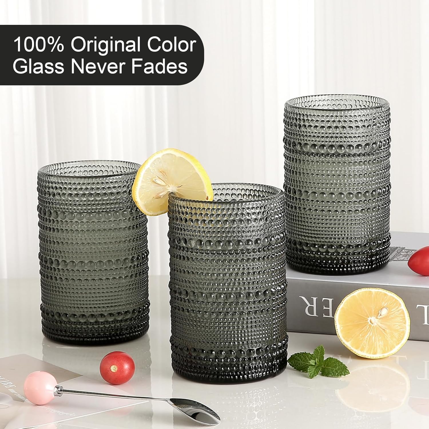 Glassware Drinking Glasses Set of 6,15 oz Hobnail Glass Cups,Embossed Grey Water Tumbler,for ,,,Juice and Various Mixed Drinks- 1 Cleaning Brush