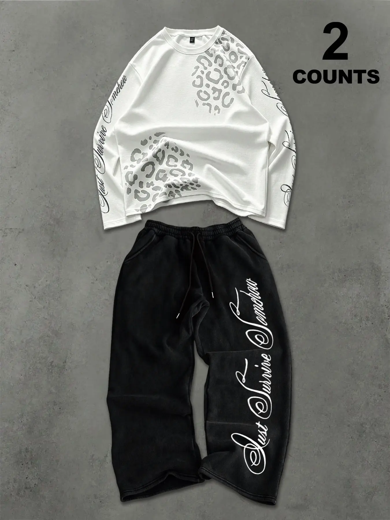 American Vintage Leopard Print Long Sleeve Set for Men, Top with Leopard Pattern, Printed Wide Leg Pants, Street Style