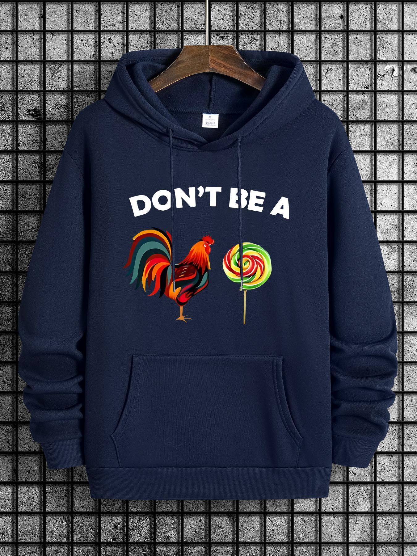 Men's Cartoon Rooster Print Drawstring Pocket Hoodie, Essentials Hoodie, Back To School Outfits, Casual, Regular Fit Fitted Hooded Long Sleeve Pullover, Hoodies for Men, Sweatshirts, Tops, Drippy Outfits, Going Out Outfit, Menswear, Cute Animal Sweatshirt
