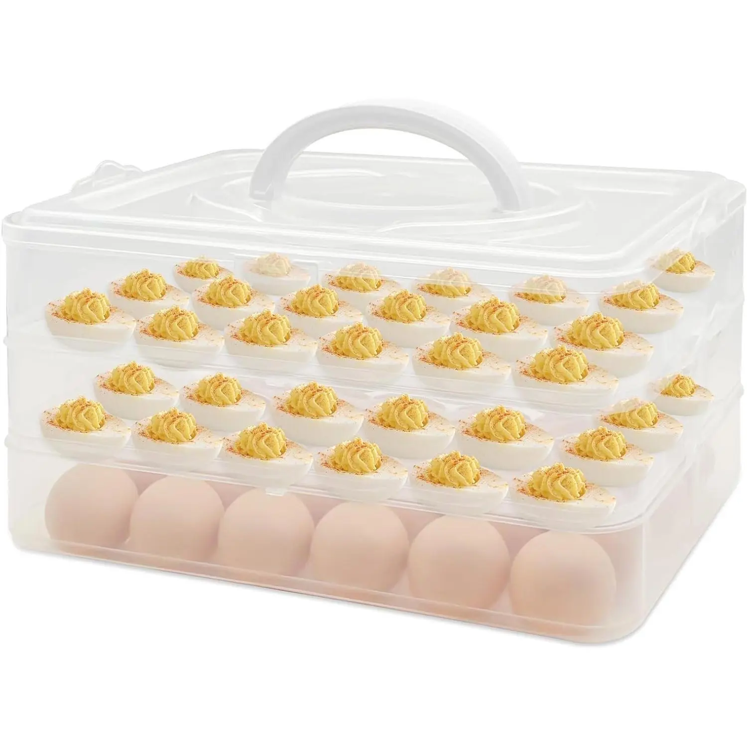 3 Layer Deviled Egg Container with Lid and Handle, Portable Egg Carrier Tray with 72 Holes for Thanksgiving, Party, Home Kitchen Refrigerator StorageGift