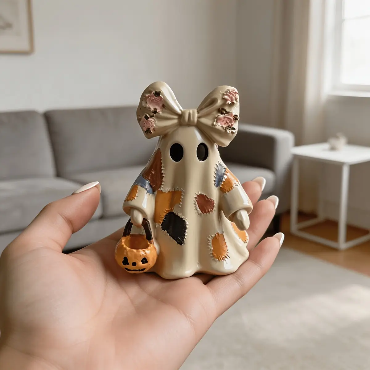 1 Pc Patchwork Bow Ghost Resin Statue Vintage Creamy Pink Rose Pumpkin Bucket Figurine for Halloween Living Room Table Centerpiece Decor Cute Healing Aesthetic Room Accessories Gift Idea for Girlfriend Friends