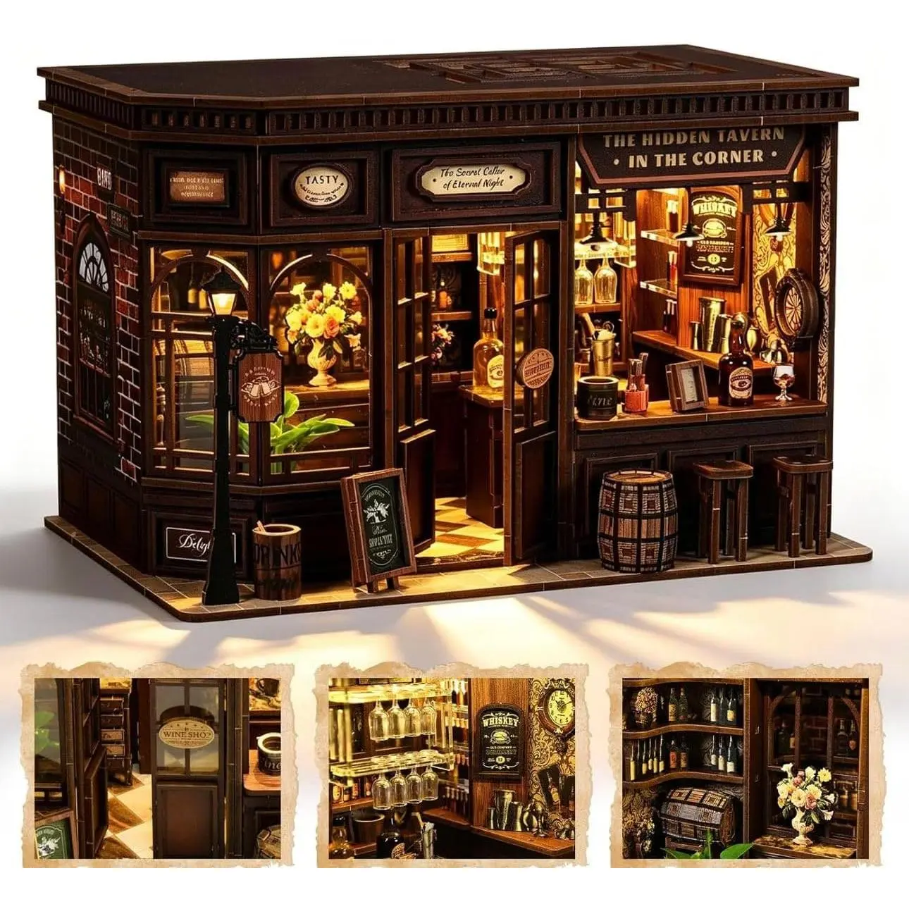 Corner Tavern Book Nook Kit for Adults – DIY Miniature House with LED Lights –  Wooden Puzzle Bookshelf Insert – Cozy Craft Kit &  for Book Lovers