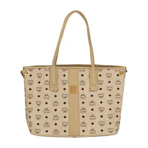 MCM Liz Oversized Coated Canvas and Leather Letter Tote Bag for Women, Beige and Black