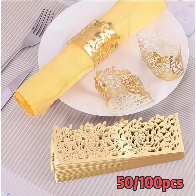 50/100pcs disposable napkin ring with vines and roses, gold and silver openwork rose buckle, suitable for picnic parties, Christmas and New Year, weddings and Thanksgiving, and can be used for wedding table decoration.