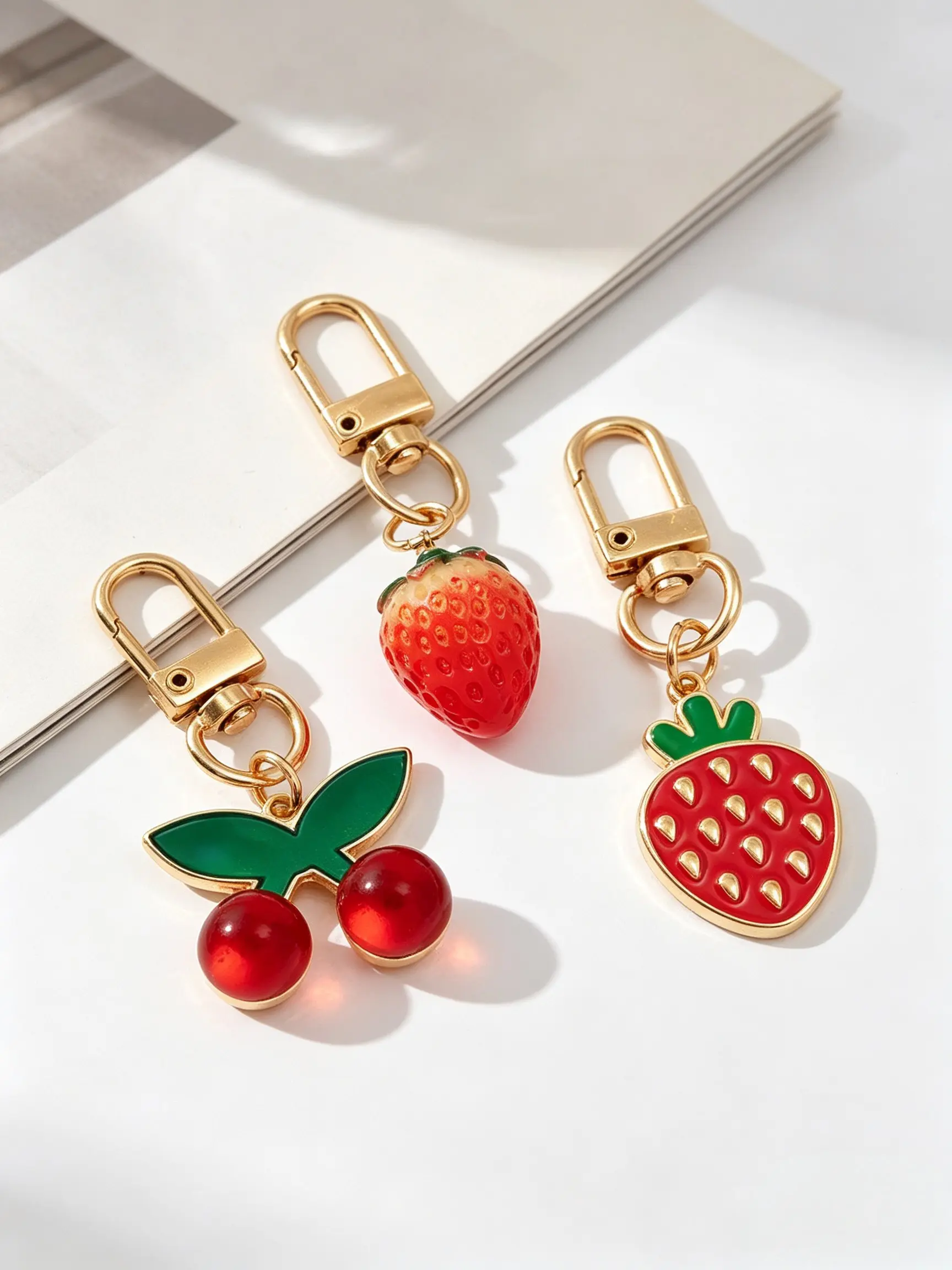 3pcs Cherry Strawberry Fruit Keychains, Japanese Style Healing 3D Pendant, Multi-Use Bag Keychain, Perfect for Gifts and Daily Use