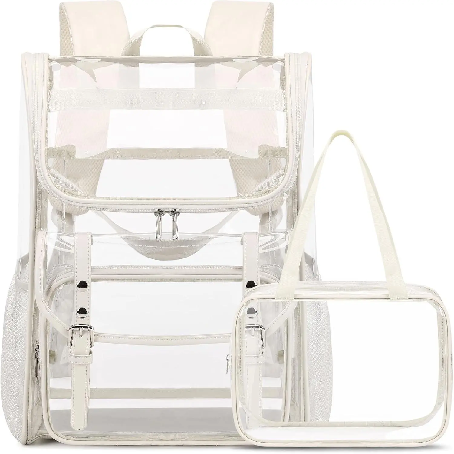 Clear Backpack with Lunch Bag, Leather Clear Bookbag Heavy Duty | Thick PVC Clear Backpack for Girls Women See Through Transparent Backpacks for Stadium Events College Travel Work, Beige