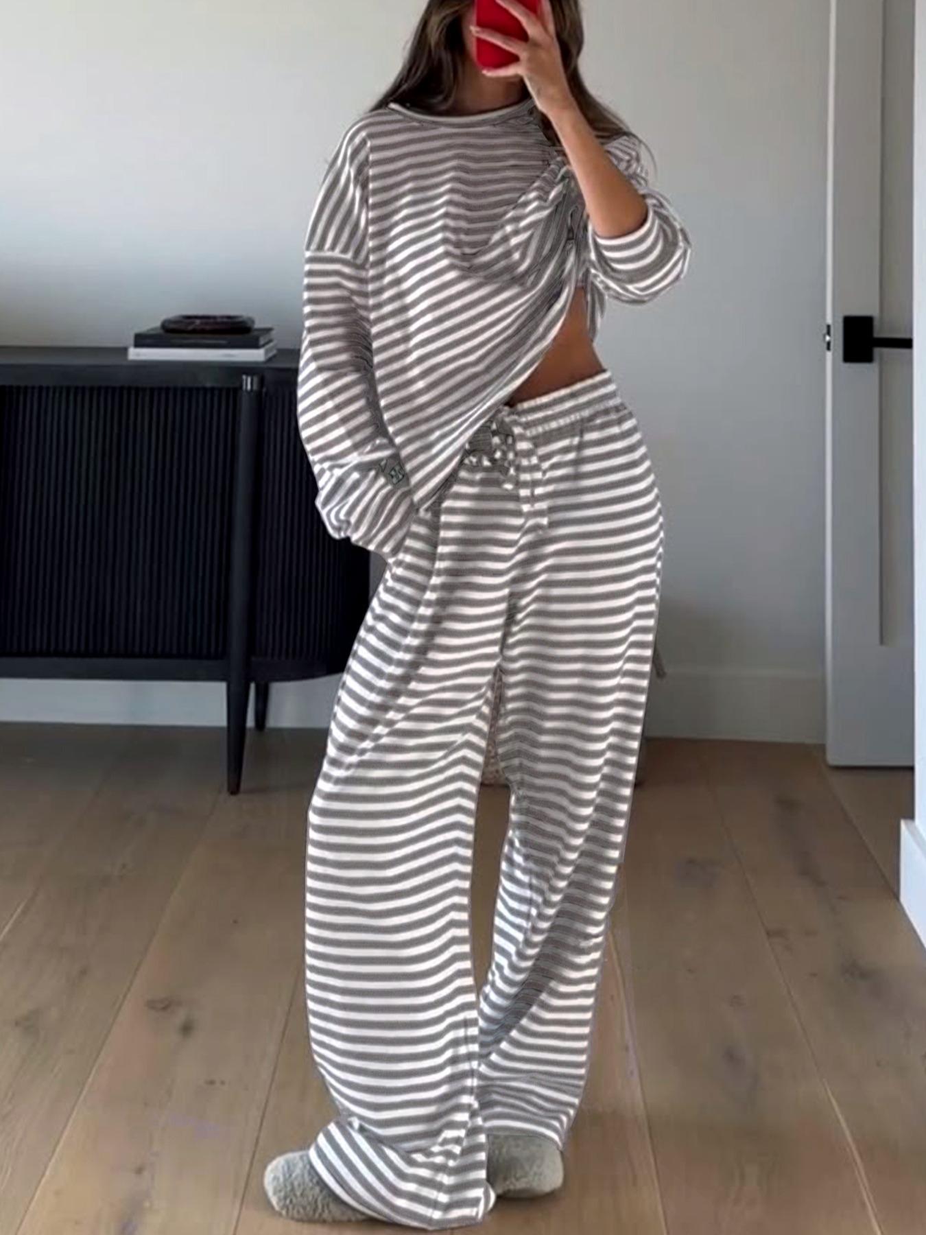 Women's Casual Striped Long Sleeve Top & Pants Set, Comfortable Loose-Fitting Two-Piece, Fashionable Clothing for Daily Wear