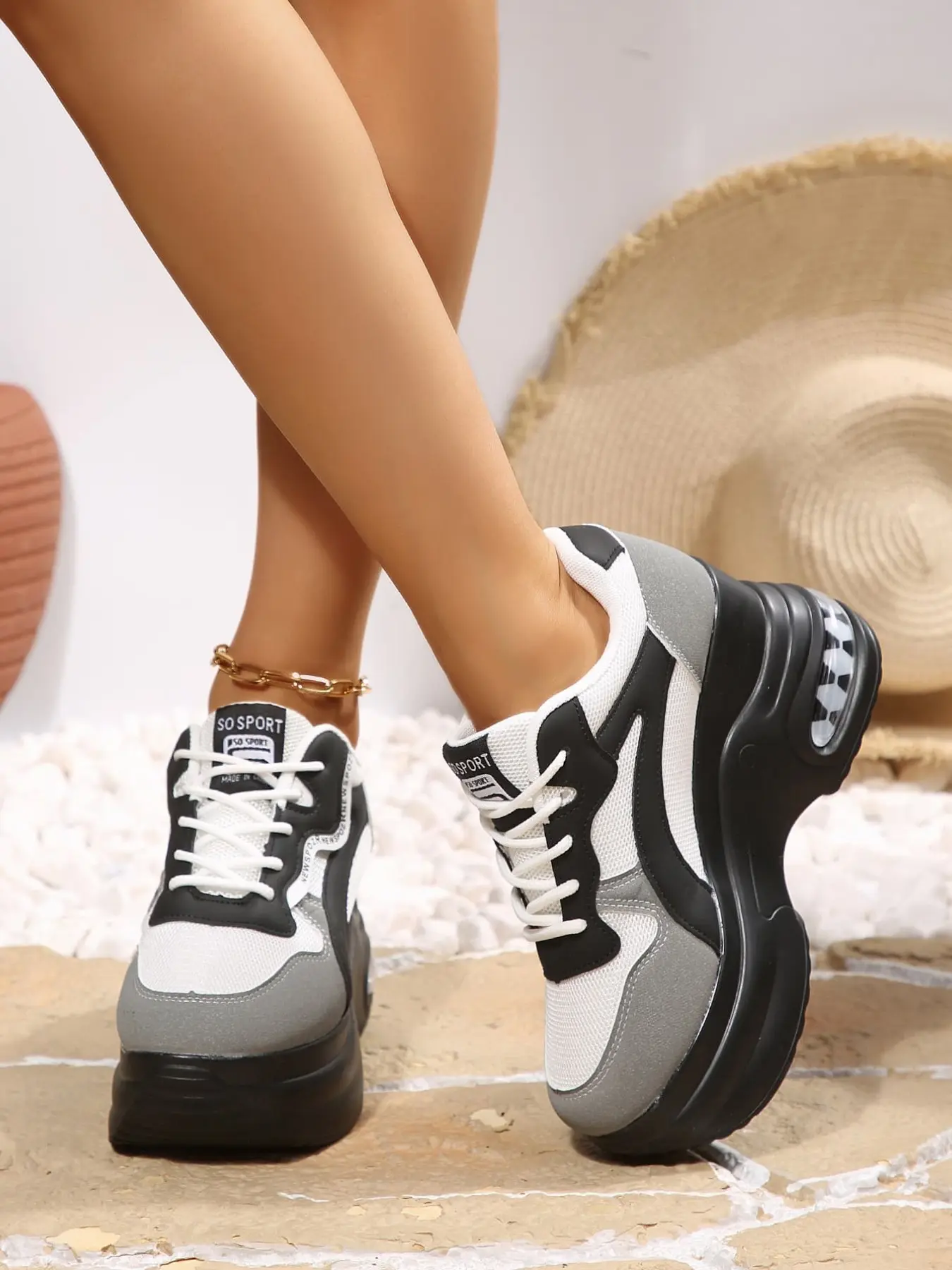 A Pair of Color Block Mesh Wedge Sneakers, Lace Up Air Cushion Platform Hidden Heel Walking Shoes, Spliced Upper Height Increasing Footwear for Petite Women Daily Travel, Sightseeing and Long Outdoor Walks