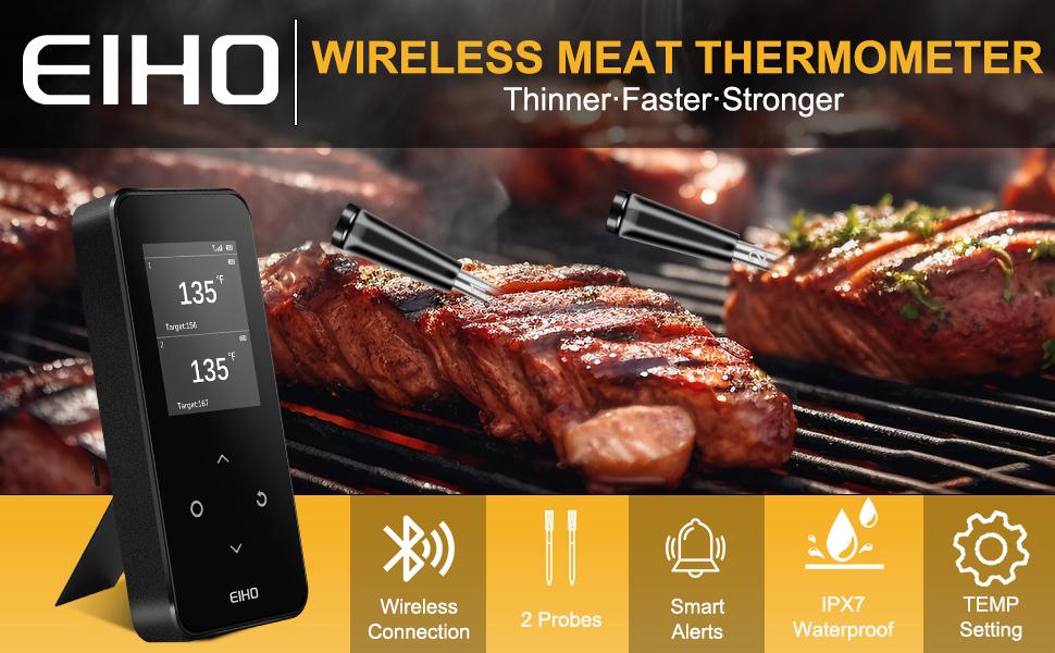 Wireless Bluetooth Meat Thermometer with 2 Ultra-Thin Probes, Smart Digital Food Thermometer 600FT Remote Range, Standalone Smart Base for Grill Smoker Roast Oven, Cooking Gifts